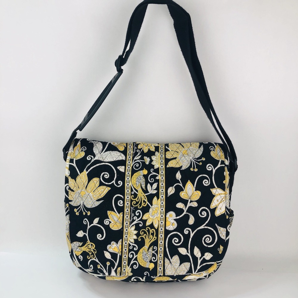 Vera Bradley Messenger Laptop Computer Bag Purse Tote Retired Black Yellow Bird